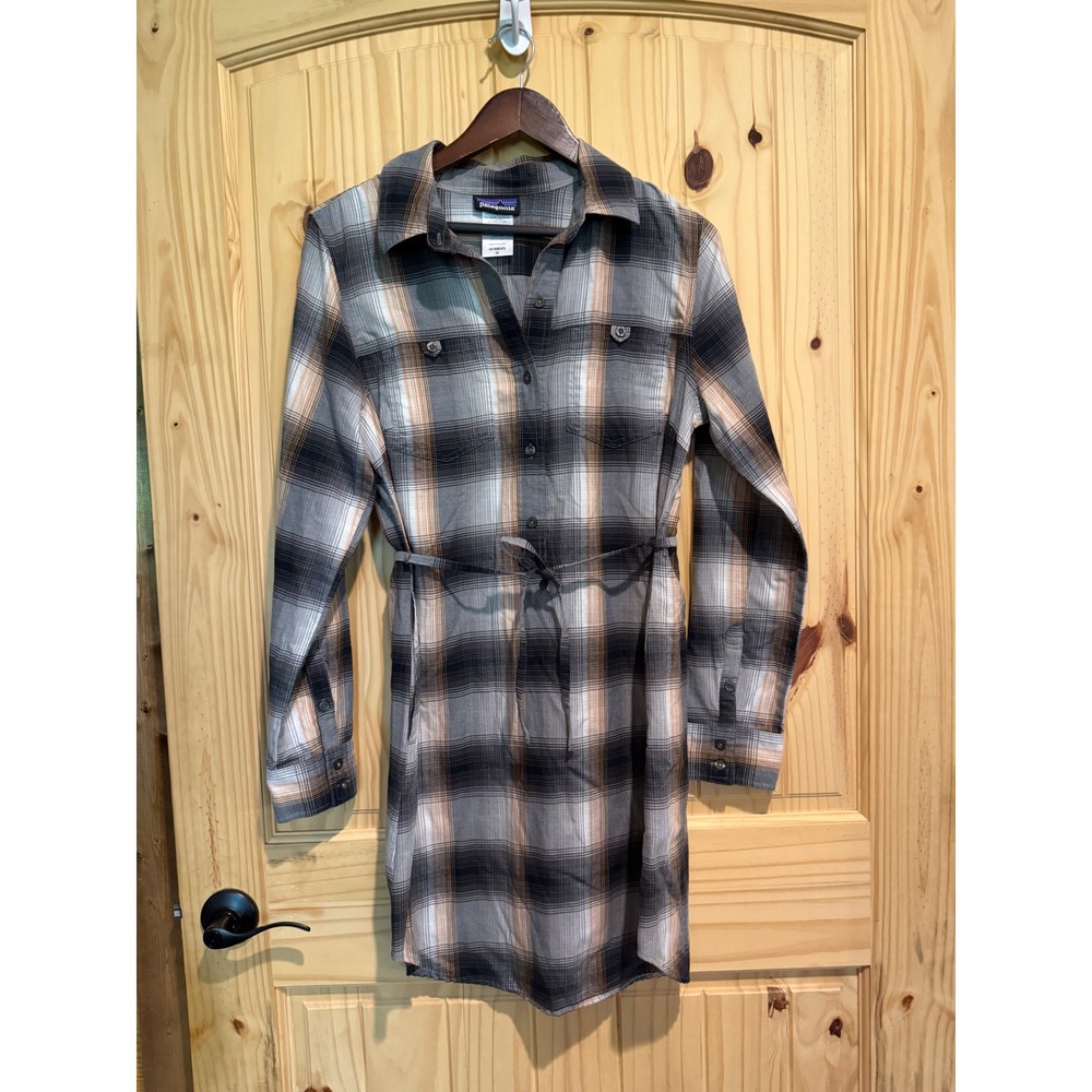 Patagonia Featherstone Womens Plaid Shirt Dress Grey Tan Long Sleeve Size 10
